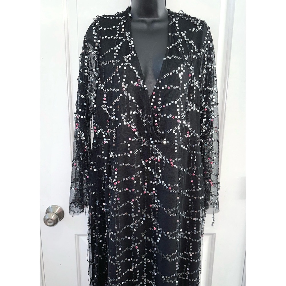Southern Fried Chics Black Sequin Maxi dress with Mesh Sleeves - Picture 4 of 8